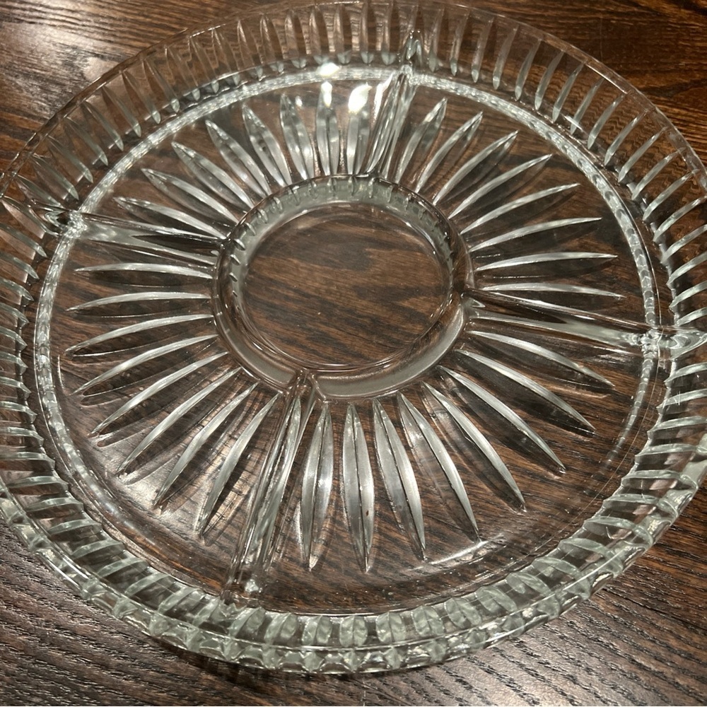Heavy Clear Glass Divided Serving Dish Chips/Veggie Tray 4 Slots+Dip Center 11.5